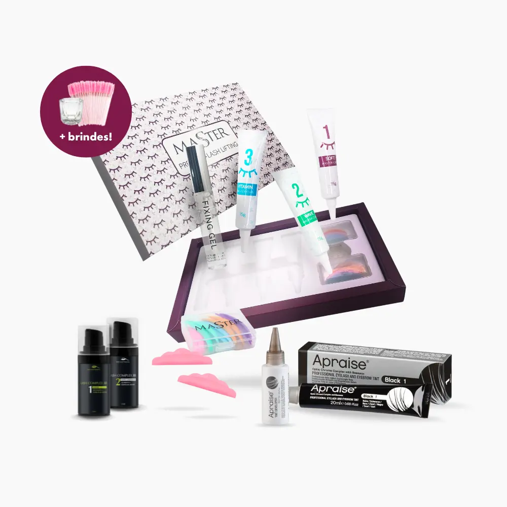 Kit com vários produtos essenciais para uma lash designer